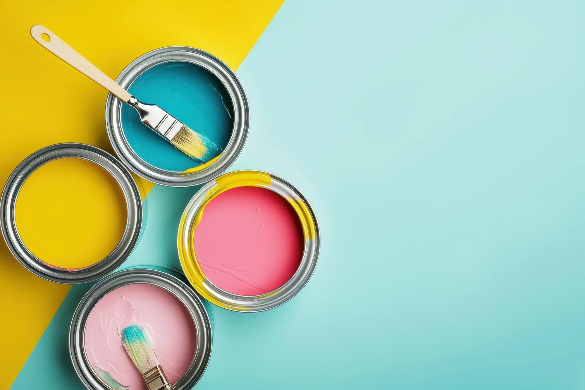 Barattoli di pittura colorata aperti con pennelli